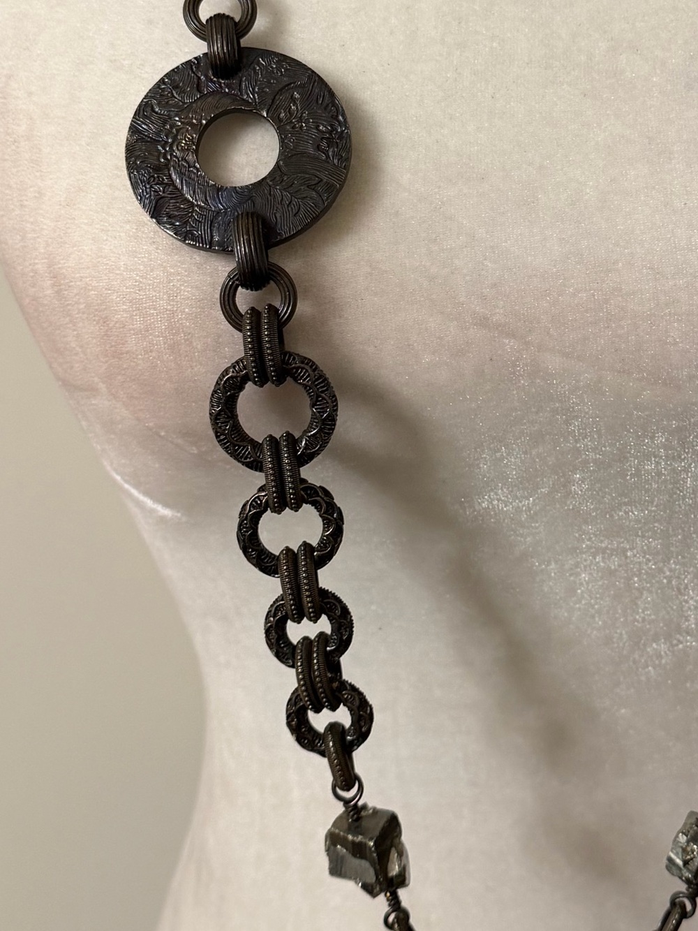 Stephen Dweck Bronze Multi-Stone Statement Necklace Pyrite Smoky Quartz - Picture 6 of 11